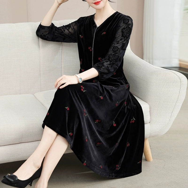 Весенне-осеннее модное женское платье среднего возраста, золотая бархатная юбка средней длины с рукавами три четверти, элегантная новая весенняя одежда с вышивкой