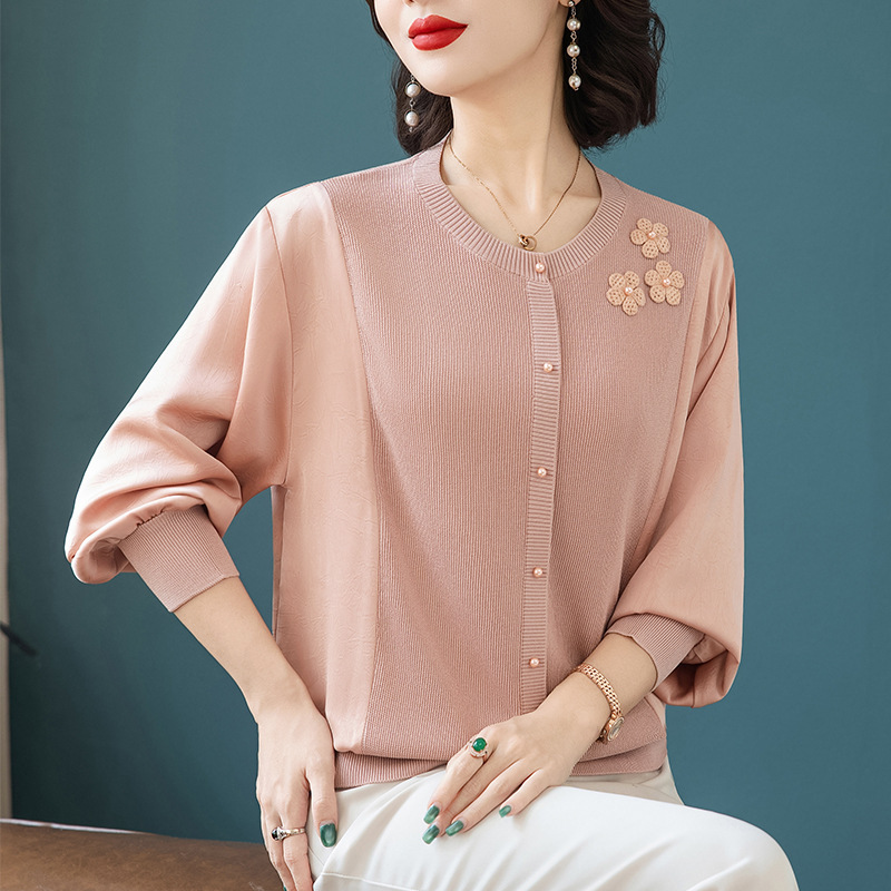 洋气宽松妈妈装早秋长袖上衣服中老年女装时尚圆领春秋毛衣针织衫|undefined
