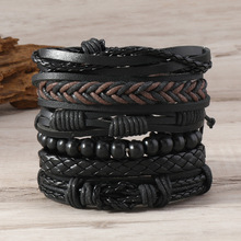 2024夏季新款temu跨境热卖简约时尚复古风串珠多层手工编织皮手链