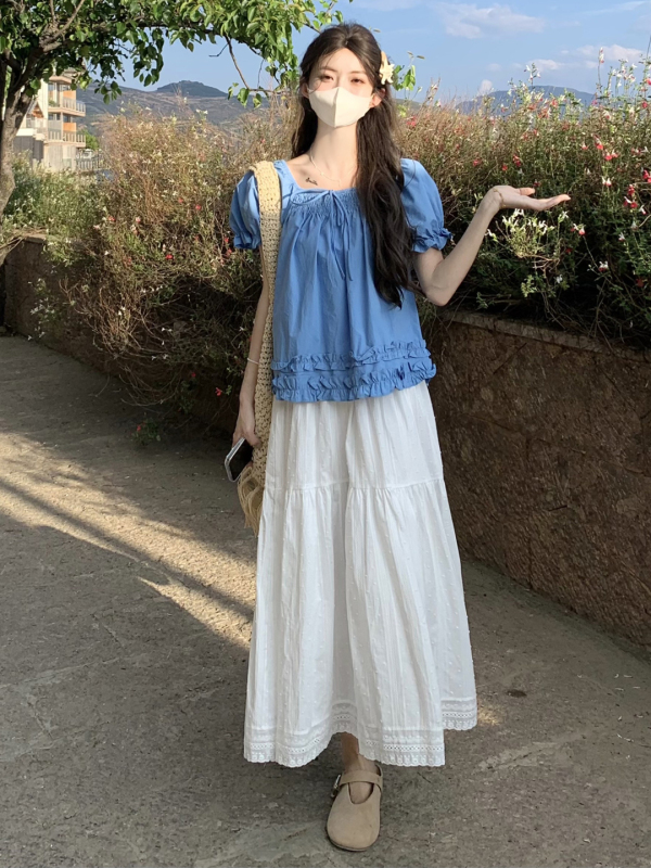 克莱因蓝色棉麻短袖小上衣女夏2025新款多巴胺套装法式娃娃衫T恤|undefined