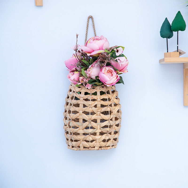 Cestas de flores portátiles tejidas a mano tejidas de paja pequeñas macetas colgadas de pared de caña tejidas cestas colgadas de calabaza de agua colgadas de hierba flor seca vasos