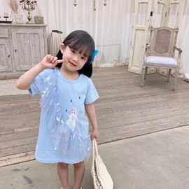 2025女童洋气网纱卡通连衣裙女宝宝爱莎公主裙子夏中长短袖t恤裙