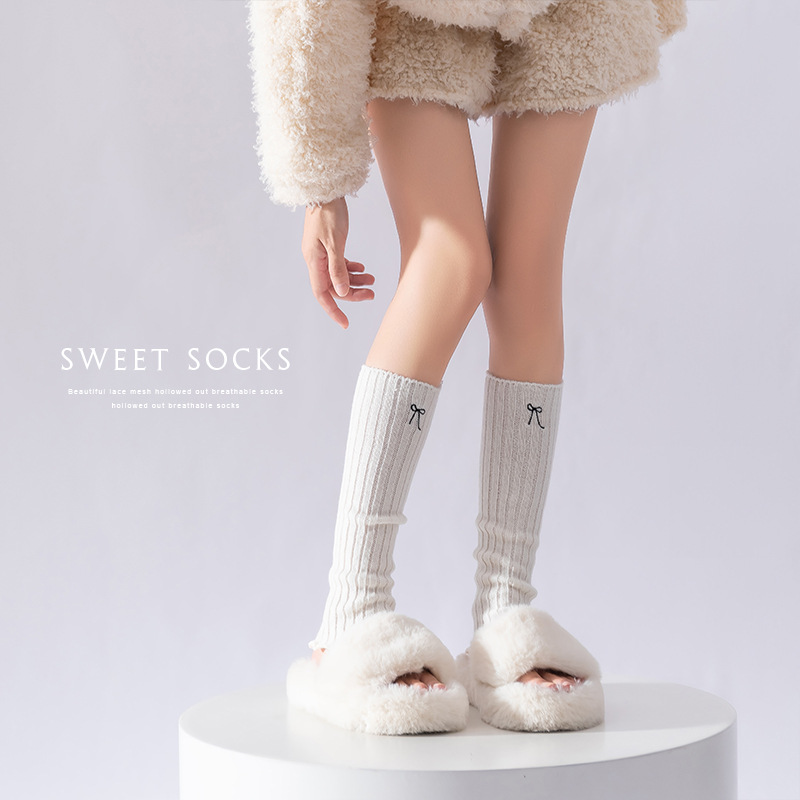 Leg Warmers Women's Autumn And Winter Pile Socks With Embroidered Bows, Maillard Ruffles And Japanese Style Knitted Calf Socks_voghion.com
