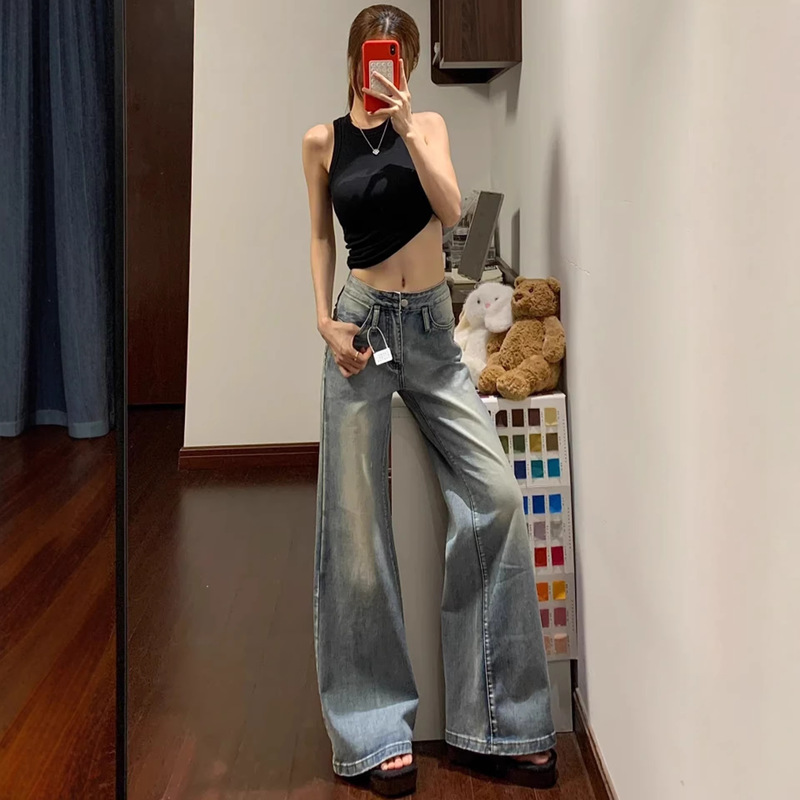 La Cha American Retro Flared Jeans for Women 2026 Autumn and Winter New Low-Waist Loose Bell-Bottom Pants for Women