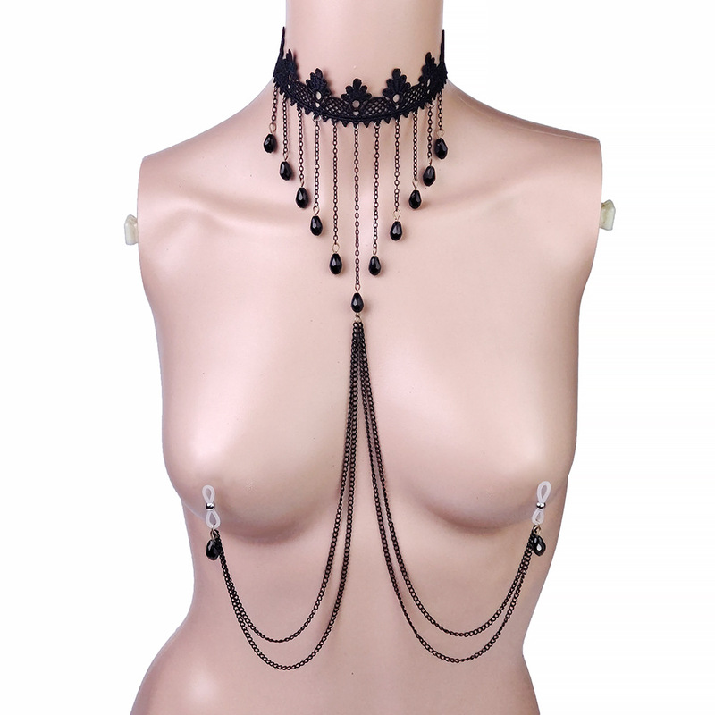 New European and American Sexy Lace Breast Chain Sexy Breast Ring Tassel Necklace Chest Crystal Body Chain Summer Exaggerated Nipple Chain