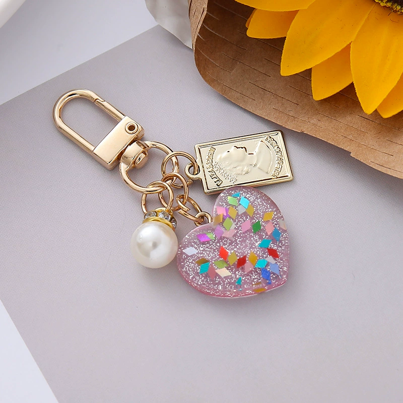 Keychain heart pendant, pearl charm, glitter coin tag, 7×3.5×1 cm, lightweight accessory