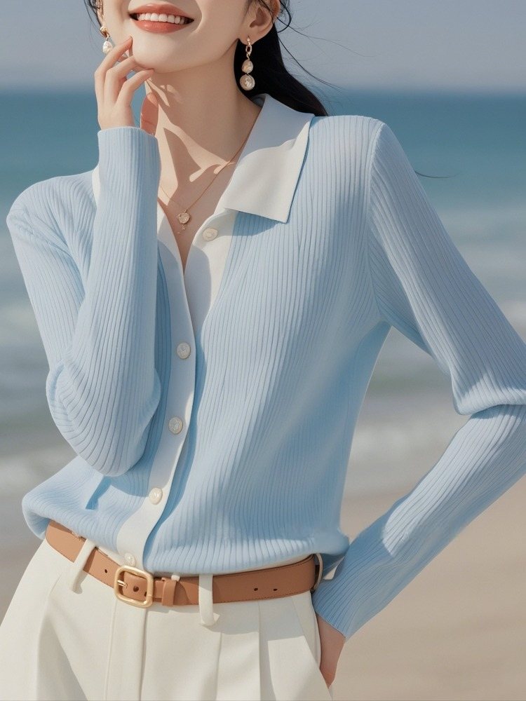 Áo cardigan nữ cổ lật kiểu Pháp, phong cách cao cấp, dệt kim mềm mại — Màu xanh da trời