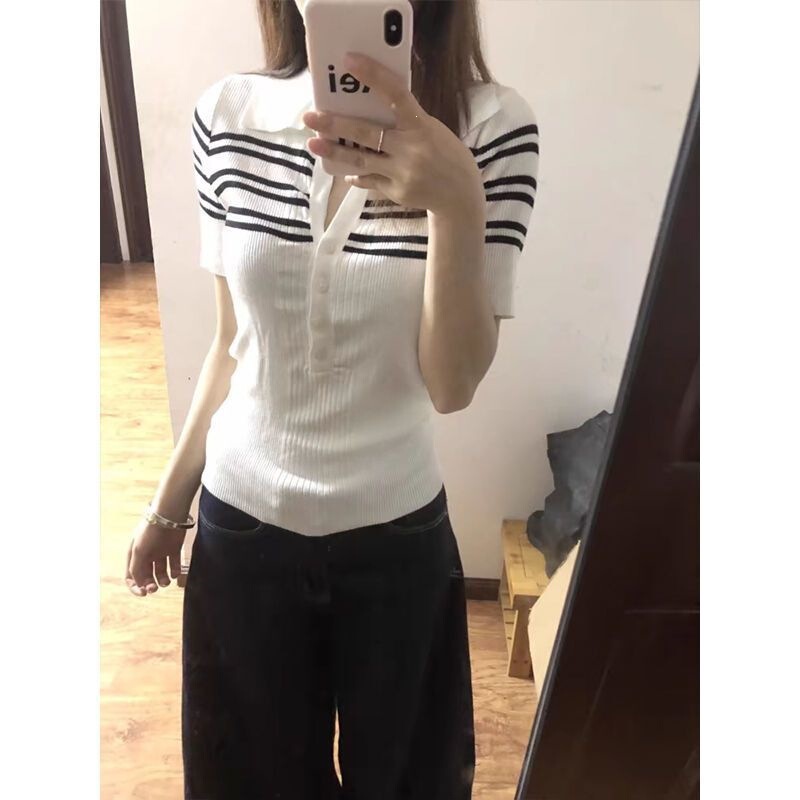 Korean-Style Striped Half-Open Collar White Short-Sleeve T-Shirt for Women, Summer 2026 New Design Niche Knit Top