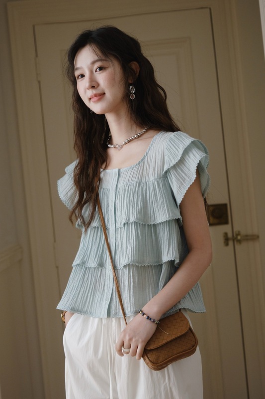 谜家天丝混纺法式衬衫女2025夏季新款小个子显白红色蛋糕小衫上衣|undefined