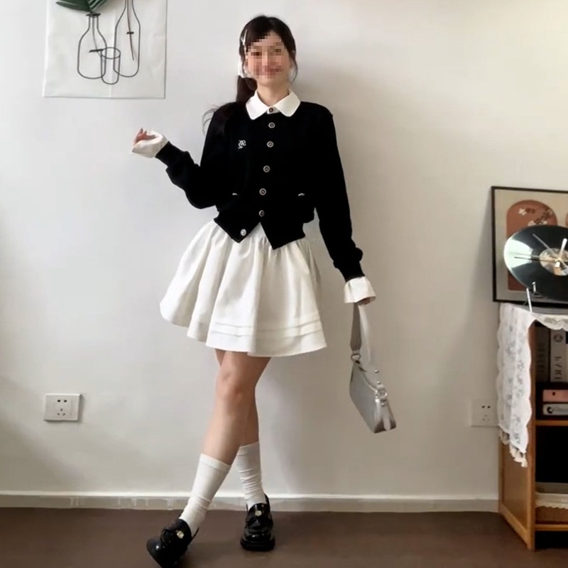 跨境假两件针织开衫连衣裙子女早秋季5新韩系千金小香风穿搭套装|undefined