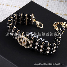 香奶奶套装双C黑珍珠三层项链手链女 时尚百搭字母镶钻奢华锁骨链