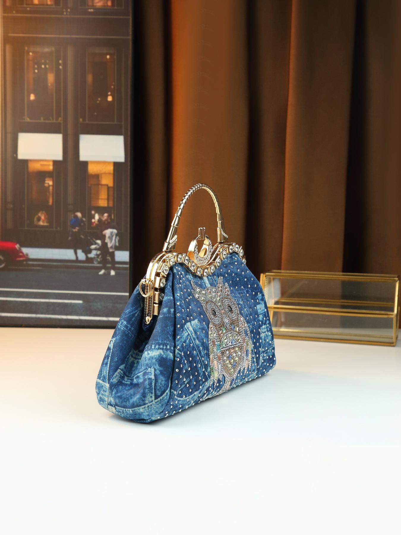 Borsa a tracolla elegante da donna in jeans con strass gufo_voghion.com