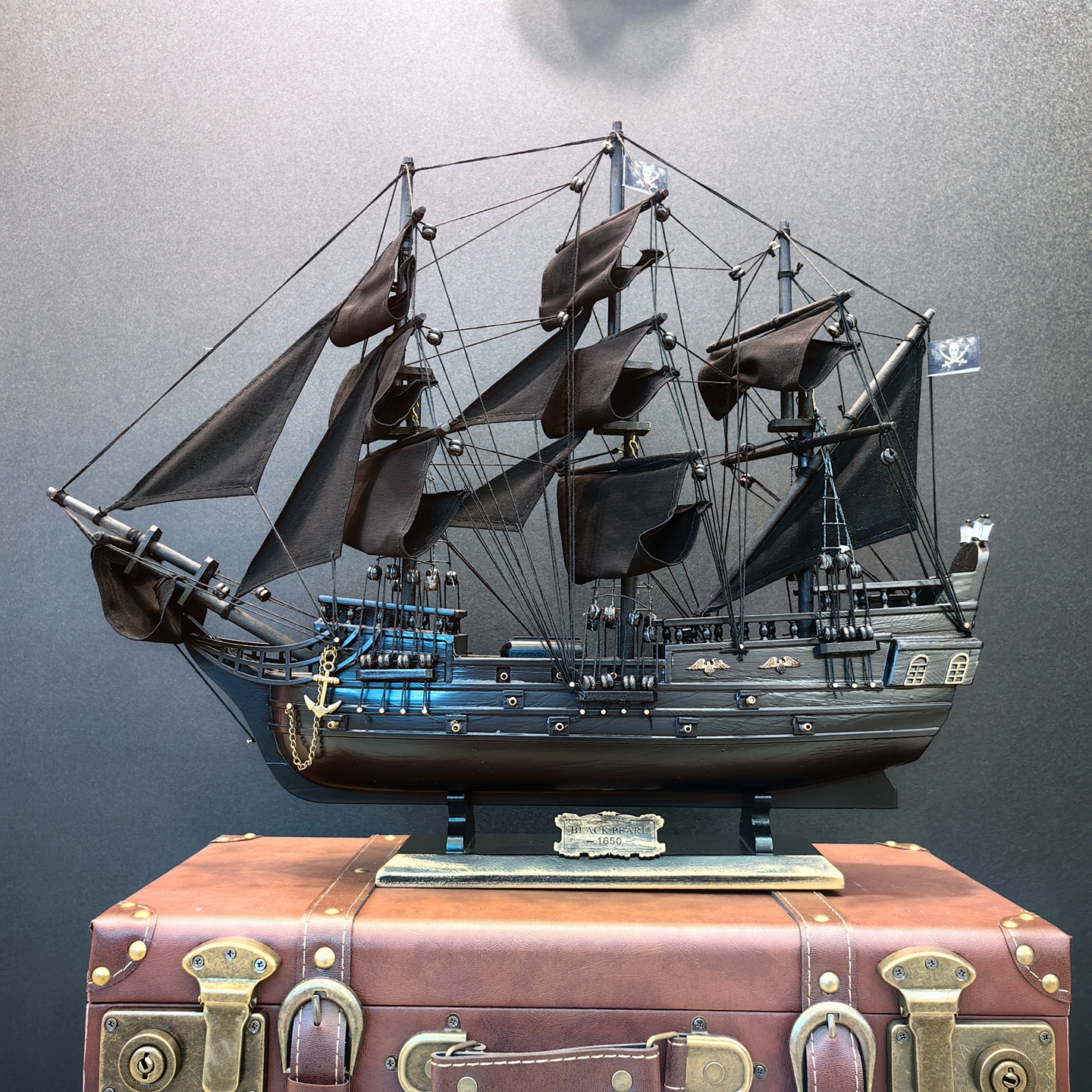 复古实木帆船摆件黑珍珠号加勒比海盗船模型工艺船家居装饰品