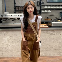 减龄气质拼接撞色牛仔背带裤女秋冬大码设计感两面穿宽松连体长裤