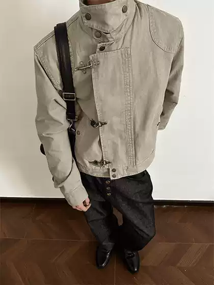 Barn Style Stand Collar Deconstructed Flight Jacket Men's Autum American Cleanfit Short Distressed Silhouette Work Jacket