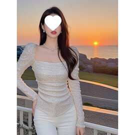 时尚方领上衣2026新款女秋季甜酷辣妹风设计感别致亮片打底衫恤