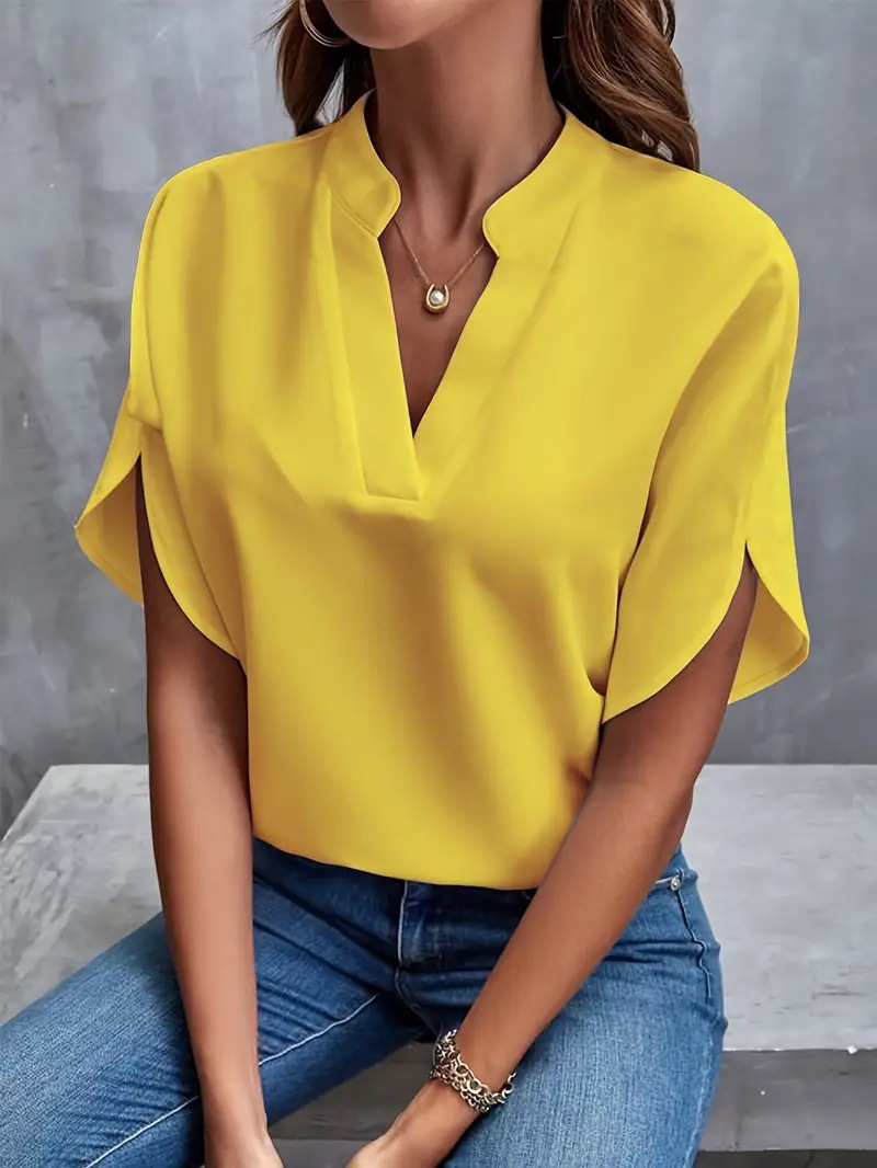 2024 Cross-Border European And American Foreign Trade Women's Summer Casual Short-Sleeve Solid Color V-Neck Loose_ecoleips.com