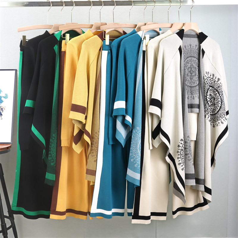 Abbigliamento donna autunno e inverno nuovo classico stile britannico grande marchio sciarpa lavorata a maglia scialle da donna scialle a doppio scopo mantello set tre pezzi_voghion.com