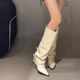 White High Heel Pants Boots Women's Thick Heel Pointed Knee Long Boots Belt Buckle High Boots