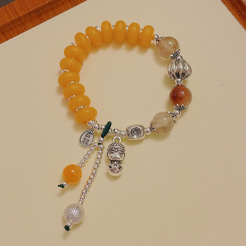 Vintage Ethnic Style Imitation Beeswax Hair Crystal Peace and Joy Maitreya Buddha Tassel Bracelet Beaded New Chinese Style Bracelet for Women