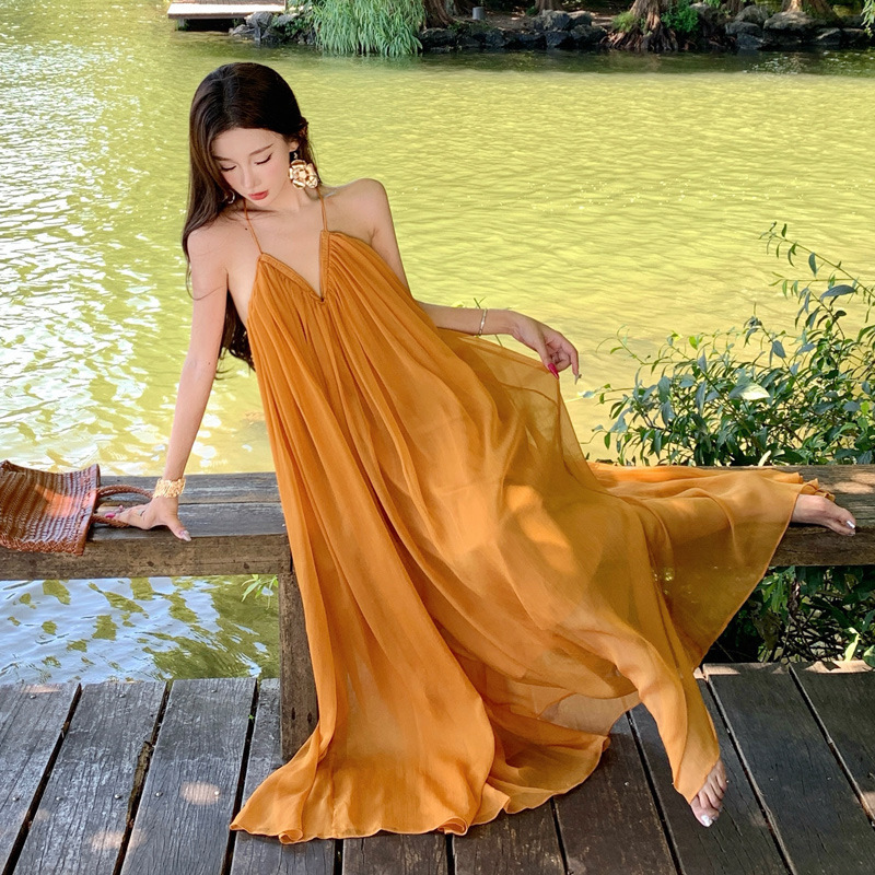 2025 新明るい黄色スーパー妖精ディープ V サスペンダードレス夏三亜雲南旅行妖精休暇ドレス|undefined