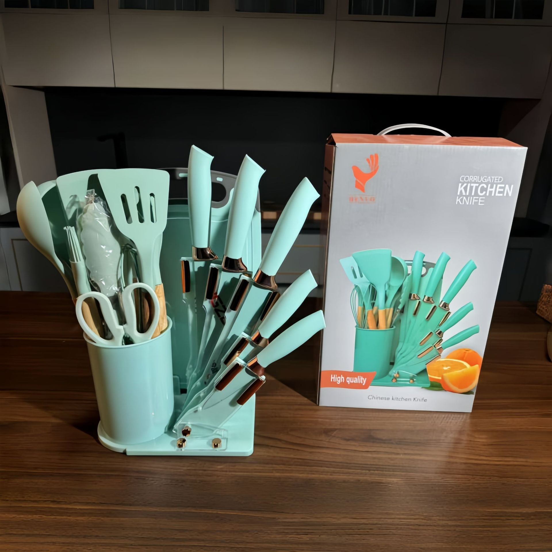 Stainless steel kitchen knife set, 19-piece, with acrylic block