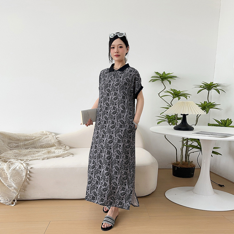 Cotton Silk Lapel Dress Loose Large Size Casual Long Skirt Thin Artificial Cotton Cashew Flower Skirt Maternity Pajama Dress