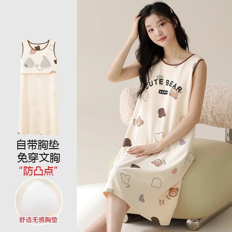 2025 pijama de verano de mujer cintura cojín de pecho chaleco vestido sin mangas ropa de pijama de damas mediana y larga gran tamaño comercio exterior transfronterizo