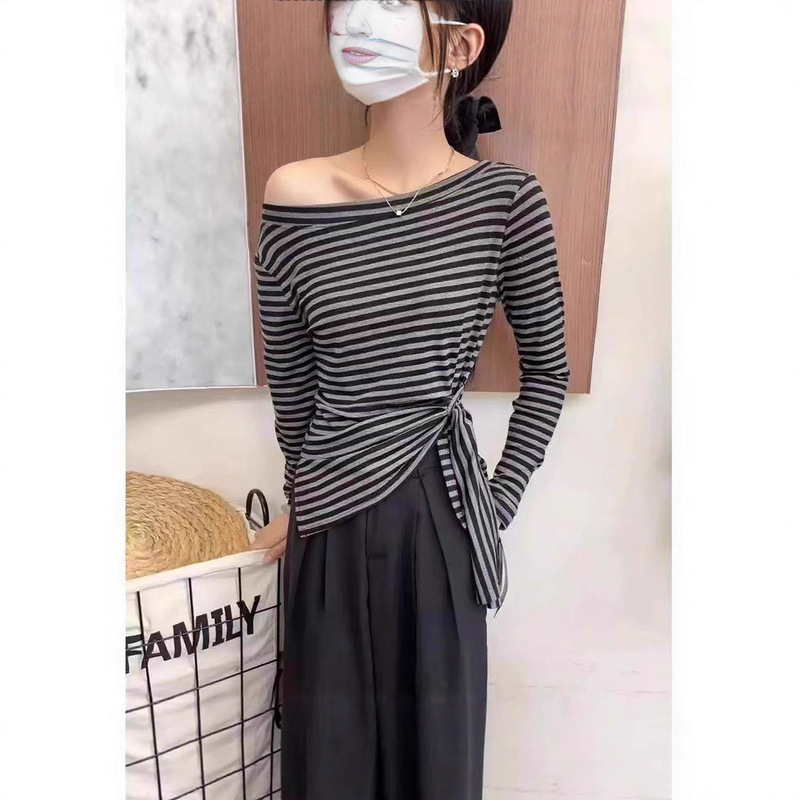 Irregular Slanted Shoulder Striped Long-Sleeve T-Shirt for Women, Autumn 2025 New Slim-Fit Off-Shoulder Versatile Stylish Top