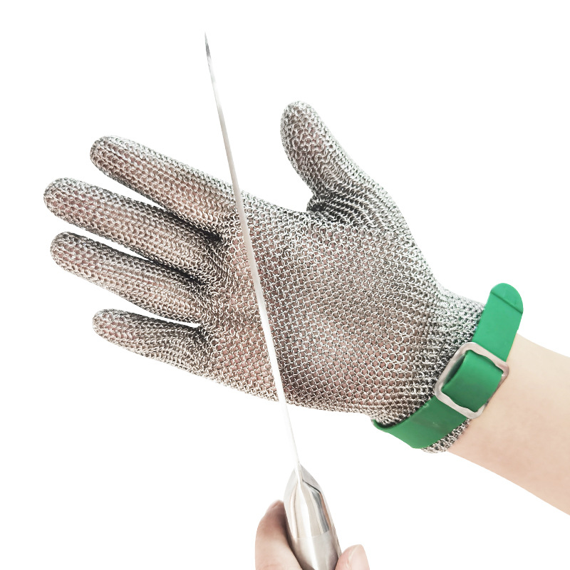 En stock de metal anti-corte de acero inoxidable guantes de hierro anti-corte de hueso máquina de aserrar peces matando guantes de anillo de acero de cinco dedos de corte