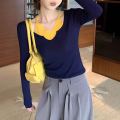 韩系chic早秋穿搭吊带拼接假两件上衣女秋季新款长袖T恤设计小众