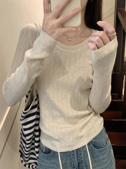绝美U领花纹针织上衣秋冬季长袖内搭打底衫女装法式感毛衣