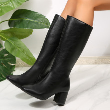亚马逊2025新款秋冬跨境外贸靴子女中筒靴尖头粗跟高跟骑士靴欧码