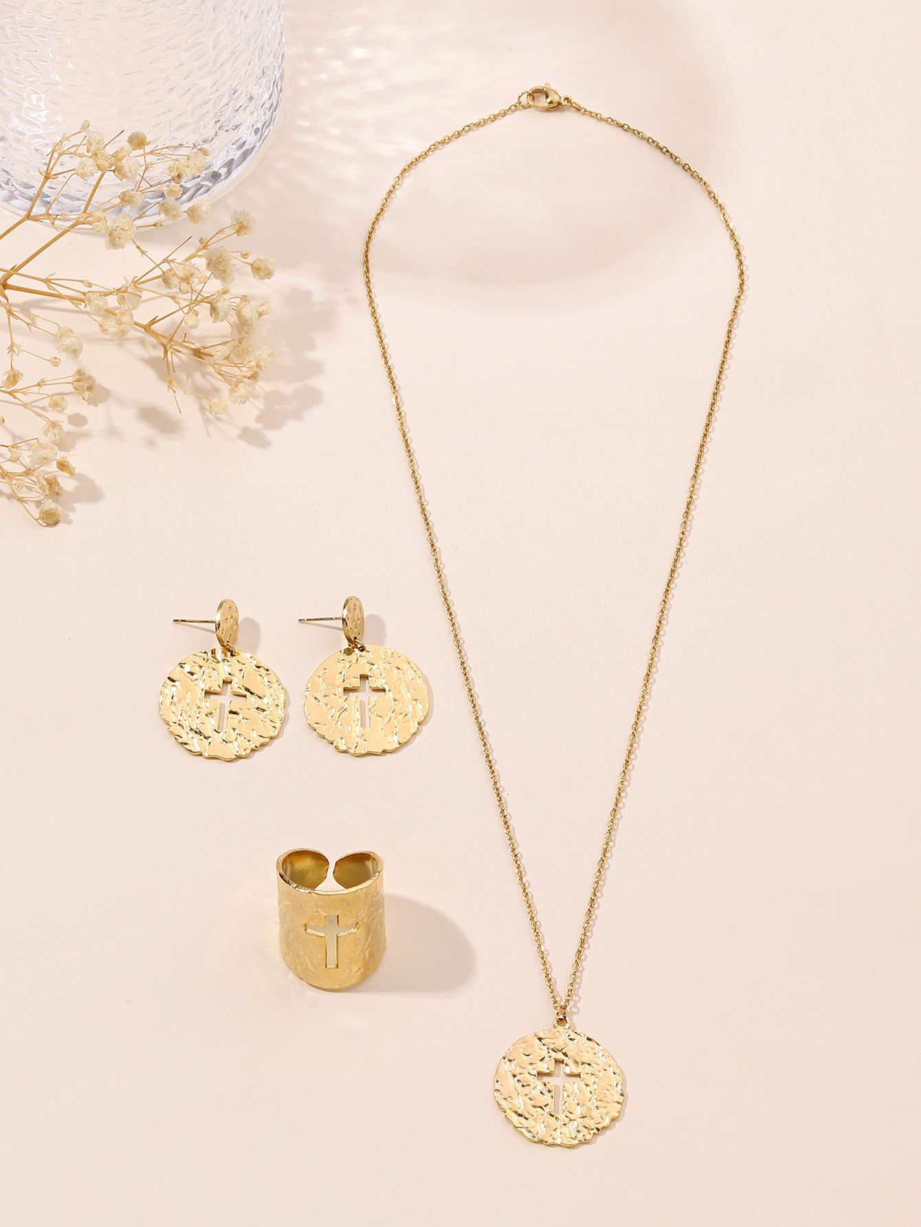 Collana con ciondolo a forma di croce scavata, tre pezzi, in acciaio inossidabile, con stampa a olio, stile esotico, tridimensionale_voghion.com