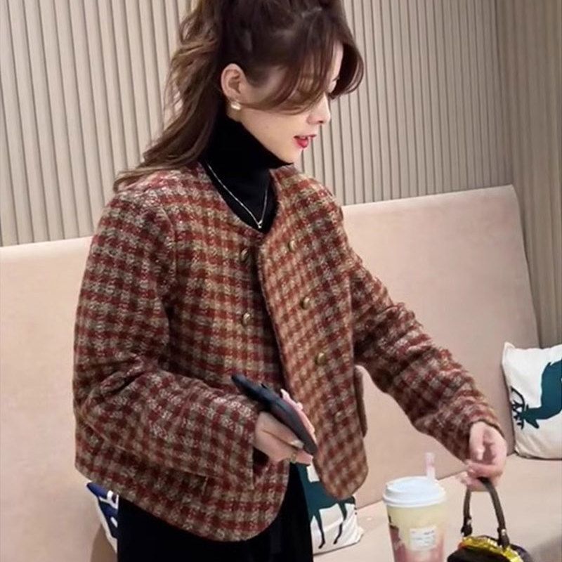 French Style Plaid Short Outwear for Women 2025 Spring New Long-Sleeved Round Neck Double-Breasted Korean Style Versatile Top