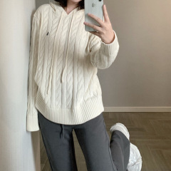 连帽针织套头毛衣女新款宽松显瘦麻花韩版休闲纯色针织衫上衣潮