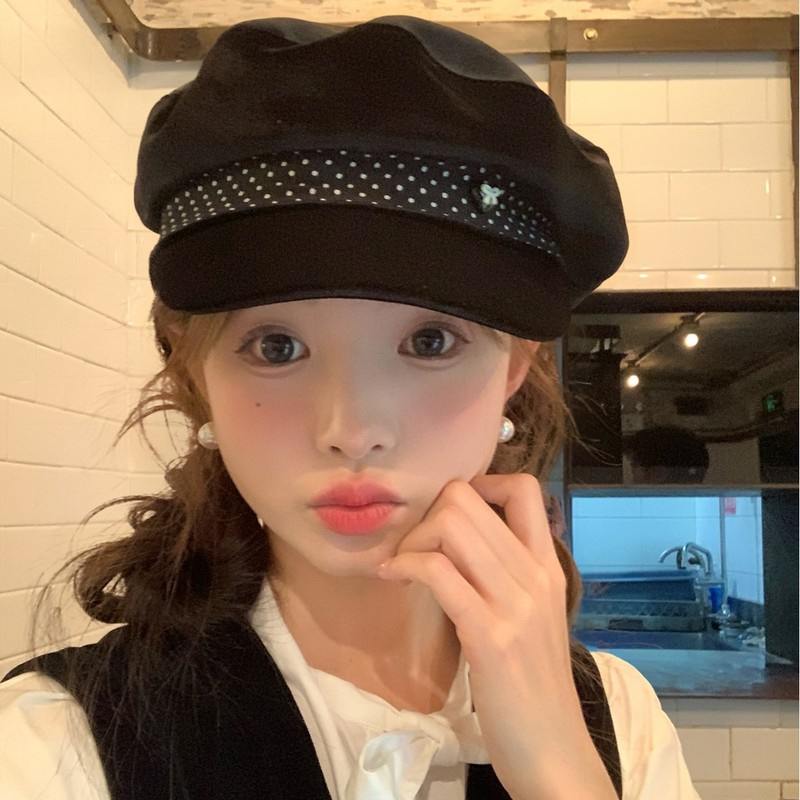 秋天氛围感波点丝绒贝雷帽女甜美百搭八角帽英伦复古文艺风画家帽|undefined
