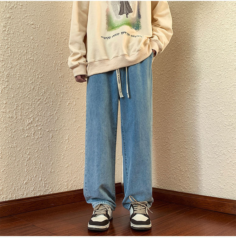 Men's Summer Elastic Waist Straight Leg Jeans Trendy Retro Japanese Style Casual Slimming Wide Leg Trousers_mkmklike.com
