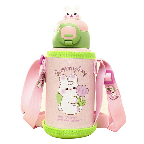 Cute & Fun Cartoon Kids' Straw Thermos Cup | Double-Layer Vacuum-Insulated 316 Stainless Steel Water Bottle with Outdoor Strap — Wholesale
