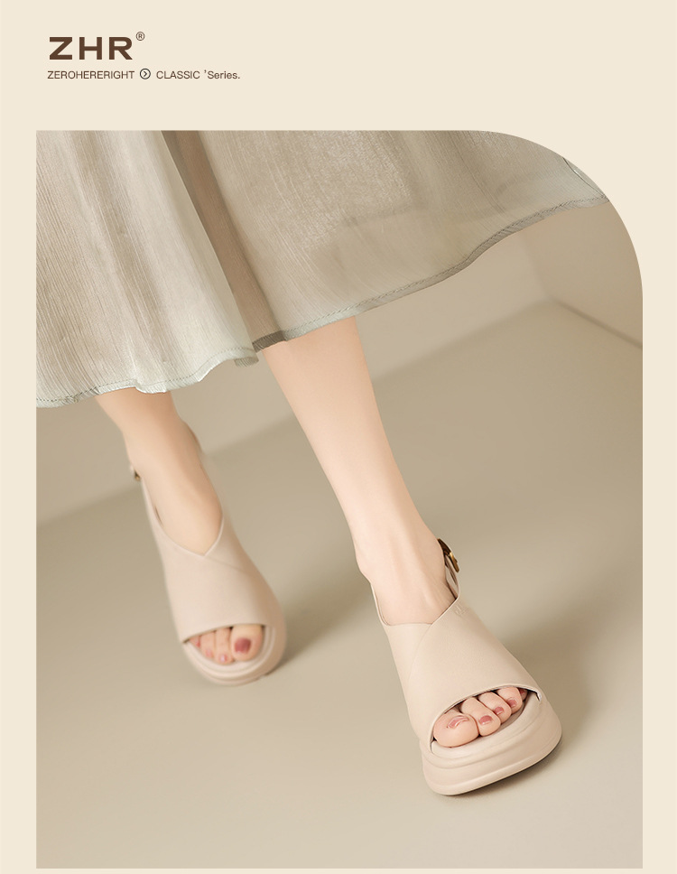 Sandal đế xuồng da bò thật ZHR tăng chiều cao, quai ngang, phong cách thanh lịch — JE20 màu be chi tiết 13