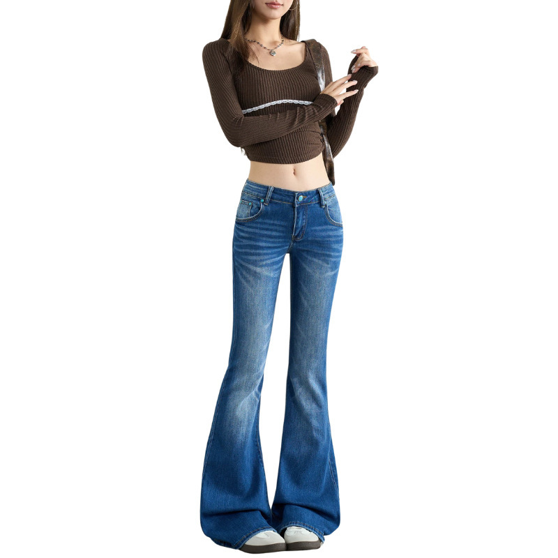 Denim Factory Customized Oemodm Jeans American Sexy Slim Stretch Whiskers Retro Low-Waist Slightly Flared Pants