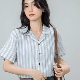 实拍条纹衬衫女装新款薄款宽松Polo领通勒长袖上衣女