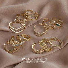 復古幾何開口微鑲鋯石戒指名媛風輕奢金色雙層指環歐美流行飾品