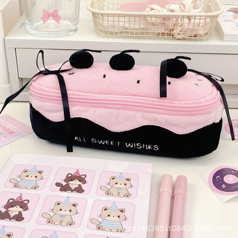 かわいいチェリーケーキぬいぐるみ鉛筆バッグインガールハート大容量化粧品バッグ学生文具鉛筆収納袋|undefined