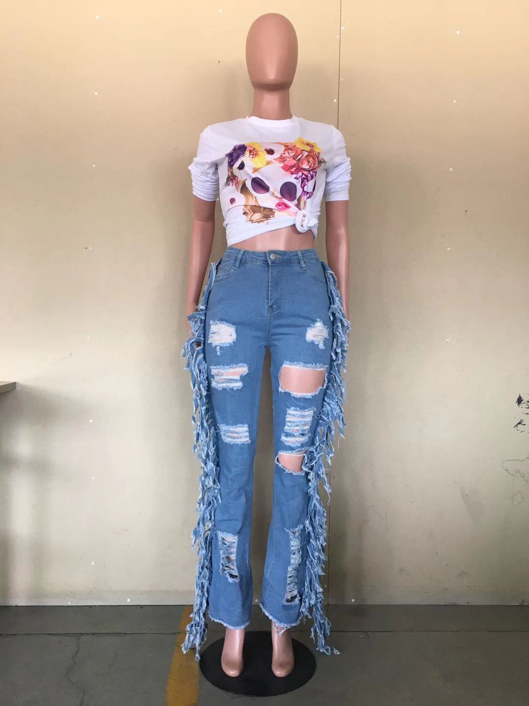 Vintage jeans med hög midja för damer med fransad kant_voghion.com