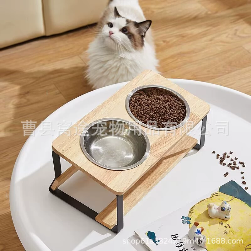 Бытовая стойка для домашних животных из цельного дерева, держатель для кошек с двойным наклоном для защиты шеи