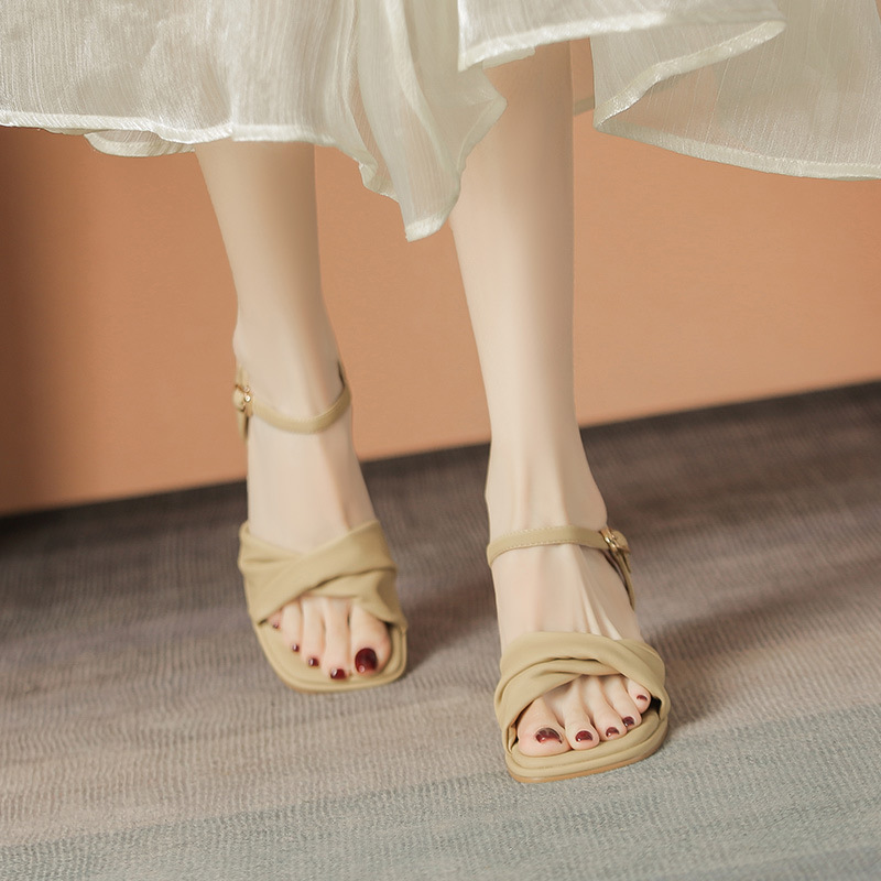Sandal cao gót nữ quai ngang mũi vuông gót vuông kiểu Pháp — BL376 màu be