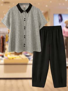 Plus Size Mom Summer Suit 2025 New Style Lapel Short-Sleeved Shirt 100kg Middle-Aged and Elderly Women Two-Piece Set