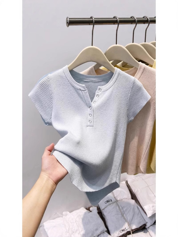 Vネックセーター半袖Tシャツレディース2025夏新デザインスリムフィットショート万能ボトムストップ|undefined