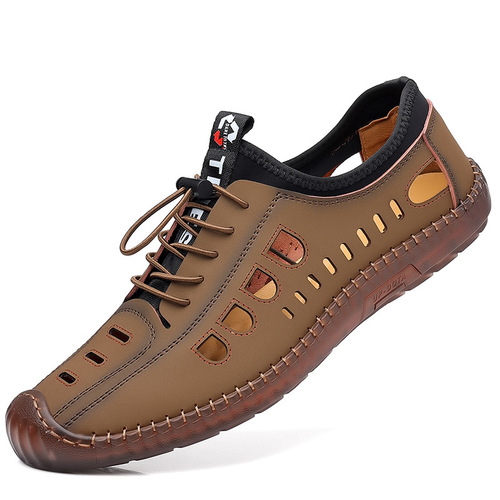 2024 Summer Men's Soft Leather Casual Men's Shoes Soft Sole Men's Casual Hollow Hollow Hole Shoes Breathable Leather Sandals Wholesale